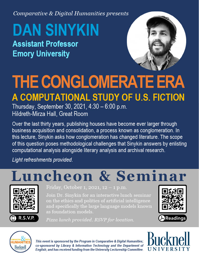 Poster for Dan Sinykin talk at Bucknell on September 30, 2021